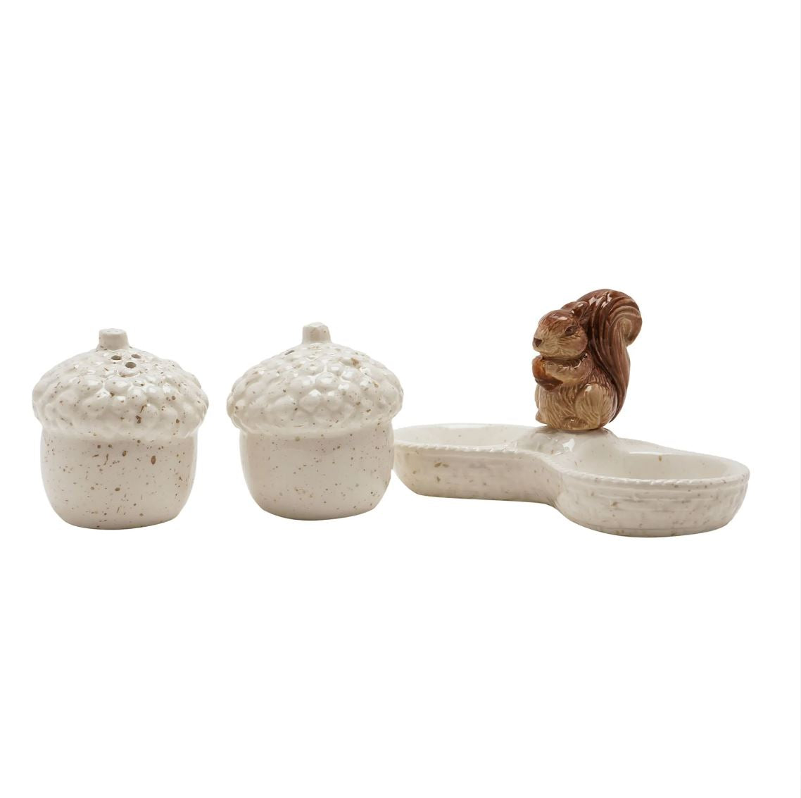 Squirrel holding a nut next to salt and pepper shakers shaped as acorns