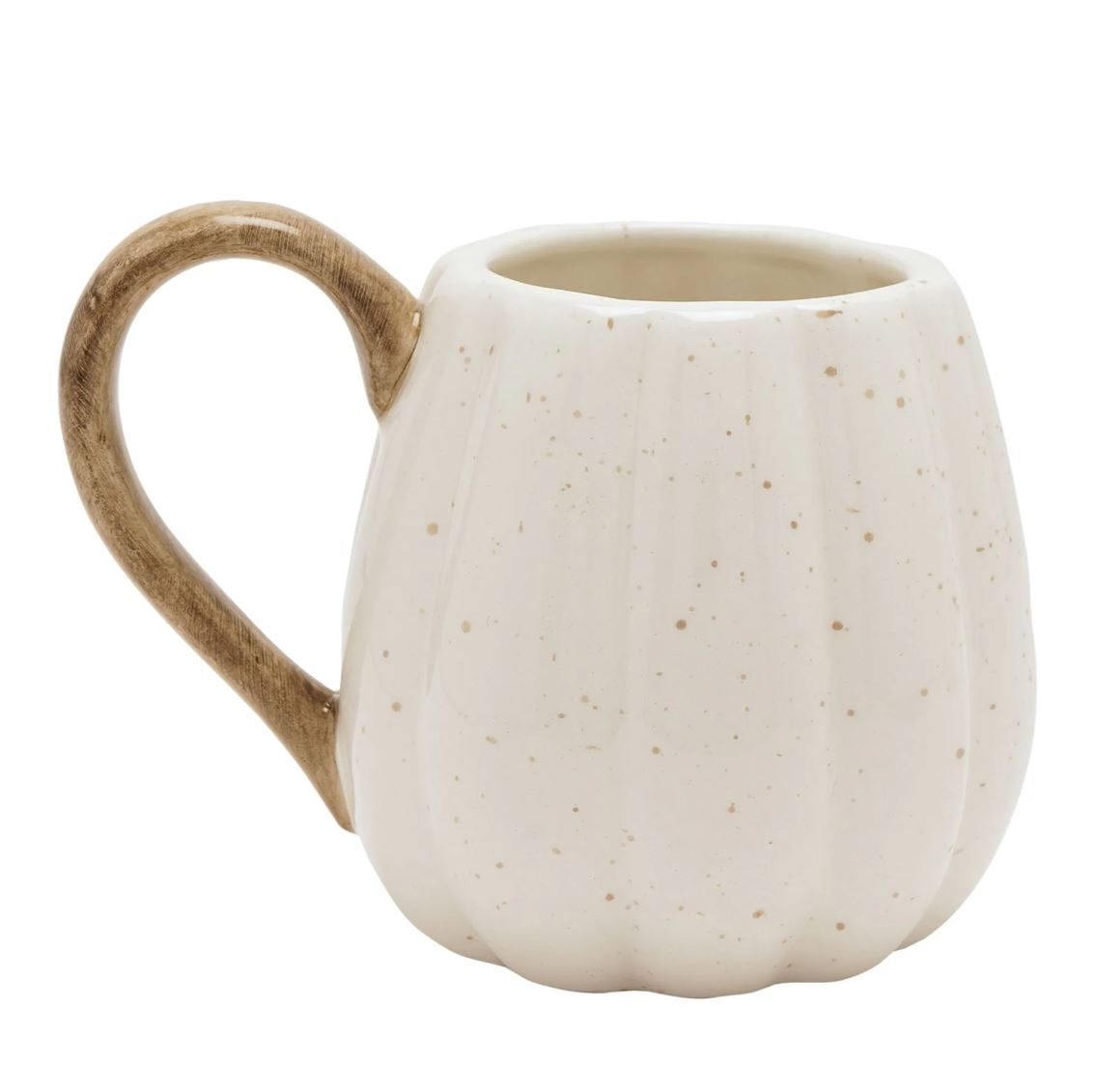 A small ceramic mug shaped like a ribbed pumpkin, featuring a speckled off-white body and a contrasting rustic brown handle, shown on a plain white background.