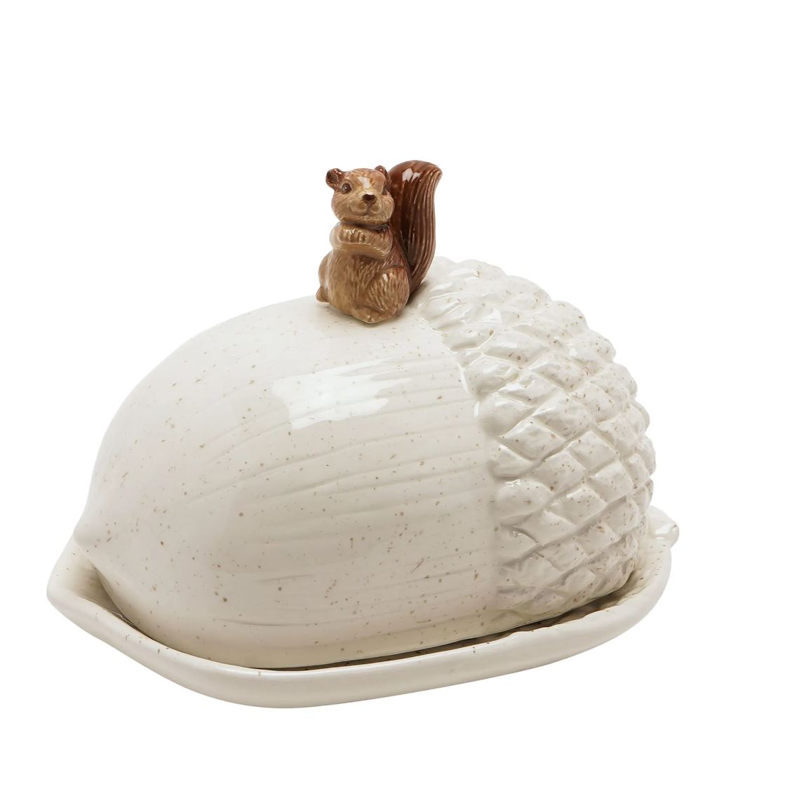 A ceramic acorn-shaped dish with a small brown squirrel figurine sitting on top, set against a plain white background.
