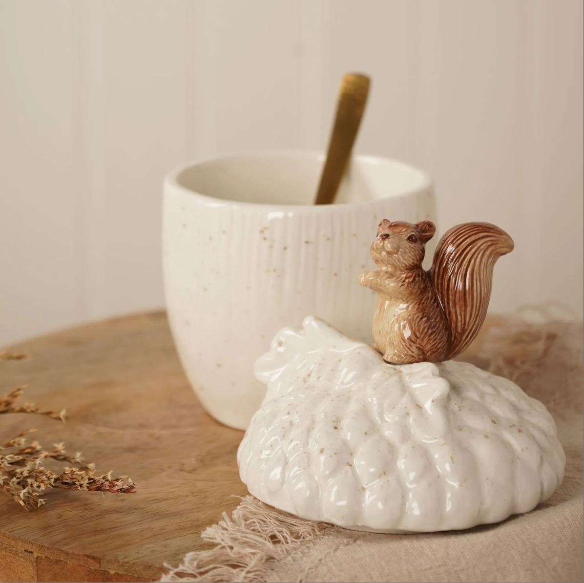 The Country Living Squirrel Acorn Storage  pot with Squirrel and spoon