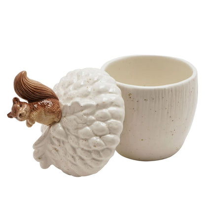 Squirrel pot with lid off squirrel on side. white pot