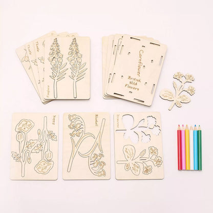 Apples To Pears Gift In A Tin British Wildflowers, showing stencils and crayons