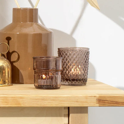 Kenro Smoke Grey Glass Tea Light Light Holder - Stripes