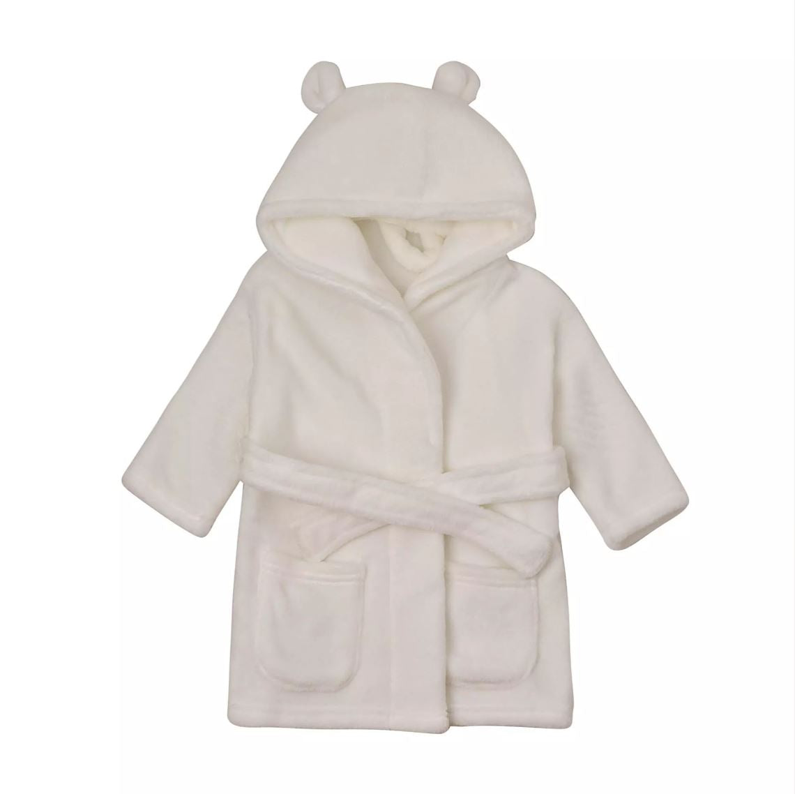A white plush hooded bathrobe for children, featuring a tie belt, front patch pockets, and bear ears on the hood, shown against a plain white background.