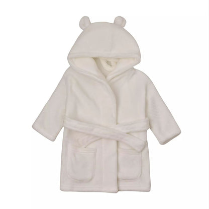 A white plush hooded bathrobe for children, featuring a tie belt, front patch pockets, and bear ears on the hood, shown against a plain white background.