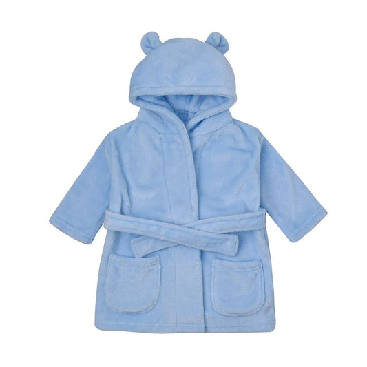 A light blue plush hooded robe with bear ears on the hood, a self-tie belt, and two front patch pockets, shown on a plain white background.