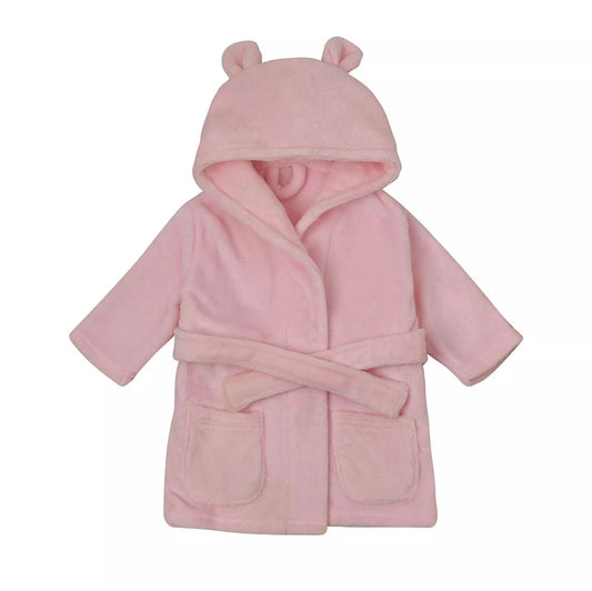 A pink plush hooded bathrobe with bear ears on the hood, a tie belt, and front patch pockets, shown on a plain white background.