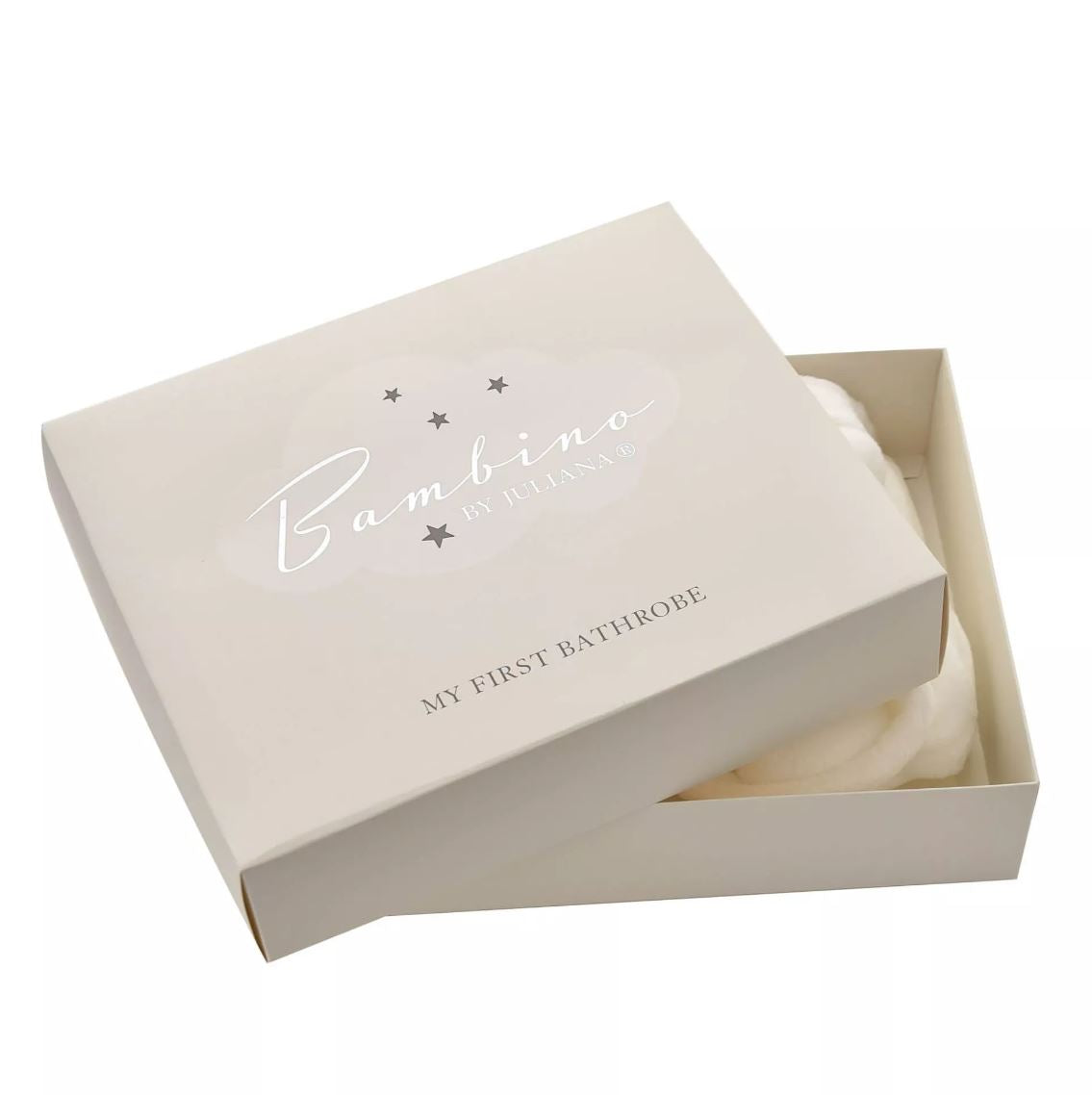 Open beige box with 'Bambino' and 'My First Bathrobe' text on a white background