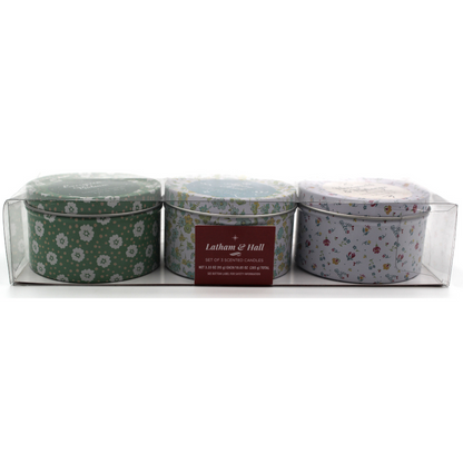 Latham & Hall Set of 3 Scented Tin Candles - Evergreen Balsam, Alpine Forest, Honeysuckle & Hydrangea