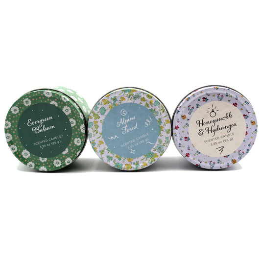 Latham & Hall Set of 3 Scented Tin Candles - Evergreen Balsam, Alpine Forest, Honeysuckle & Hydrangea