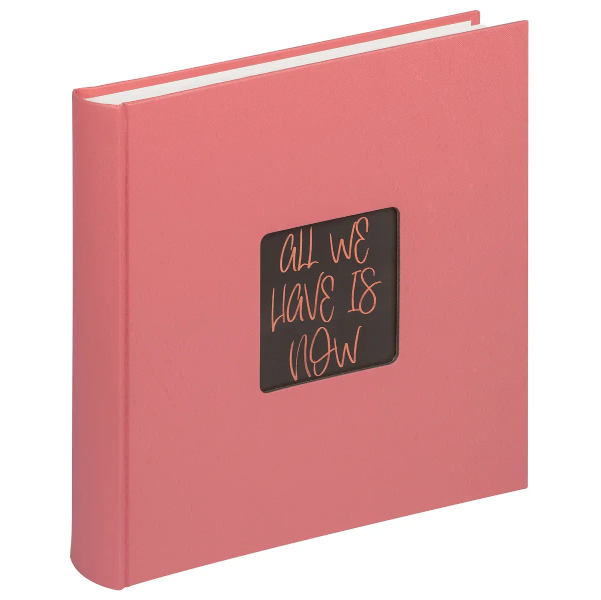 Pink book with a black square on the cover featuring text, on a white background