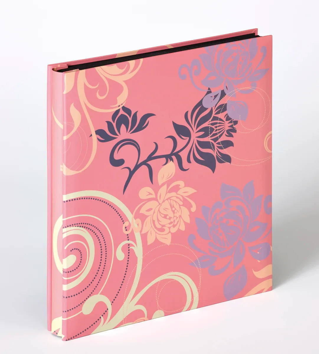 A Photo Album with a pink cover decorated with elegant floral and scroll patterns in navy blue, lavender, and cream, shown on a light grey background.