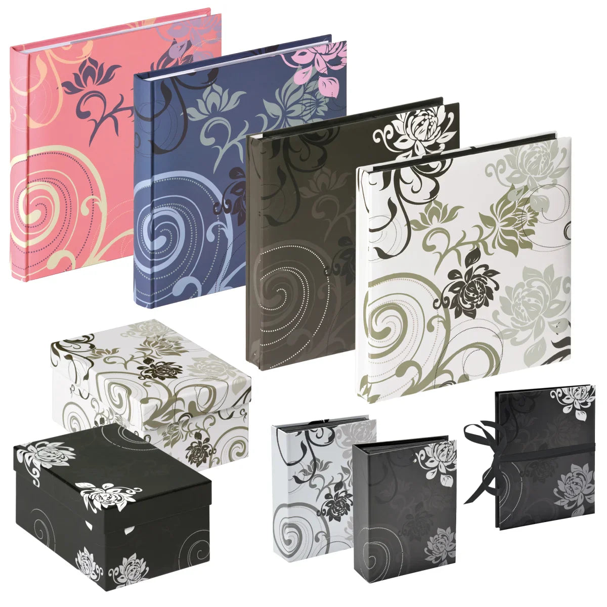 A set of floral-patterned albums and matching gift boxes shown on a plain white background. The covers come in pink, blue, dark brown, white, black, and grey, each with a different floral and scroll design.