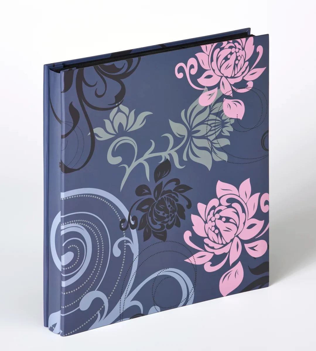 Blue photo albums with flowers on the front in pink dusky green and light dark blue florals