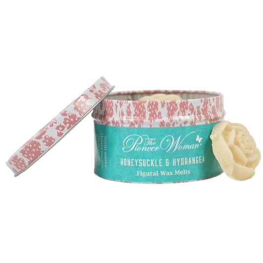 Container of 'The Pioneer Woman' Honeysuckle & Hydrangea wax melts on a white background