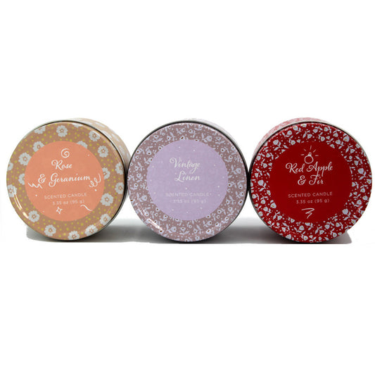 ﻿Latham & Hall Set of 3 Scented Tin Candles - Vintage Linen, Red Apple & Fig, Rose & Geranium