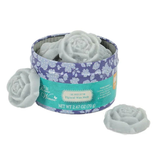 Rose-shaped wax melts in a decorative tin with floral pattern