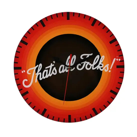 Circular clock with red and orange gradient and 'That's all Folks!' text on a white background