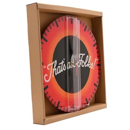 Round sign with 'That's all Folks!' text in a cardboard box on a white background