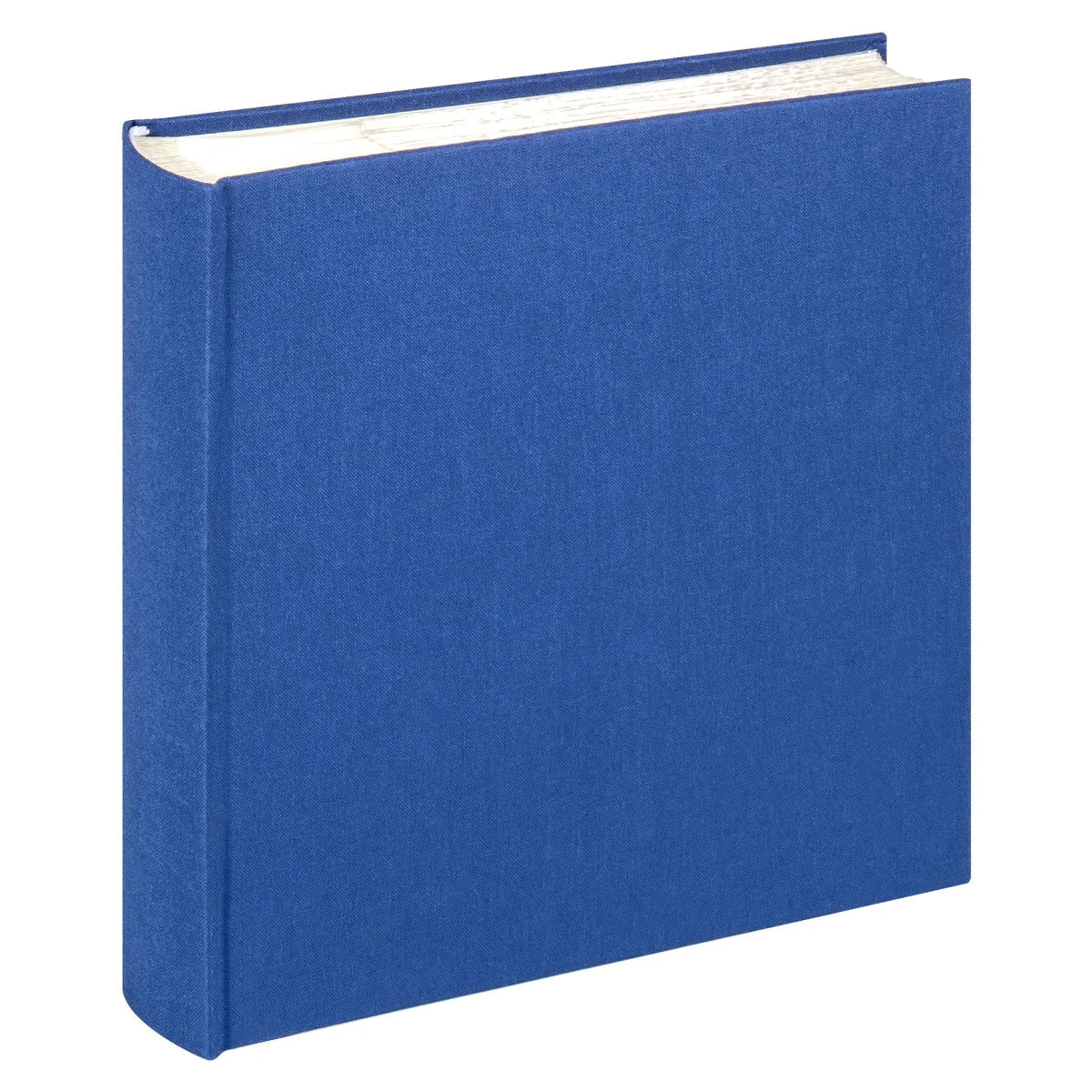 A hardcover photo album with a textured blue fabric cover, standing upright at a slight angle to show its spine and page edges against a plain white background.