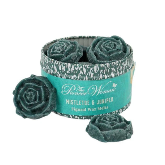 Teal wax melts in a decorative container with 'The Pioneer Woman' branding on a white background.