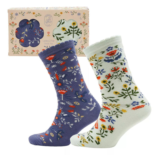 Sophia Lane Ladies Floral Socks – 2 Pairs Cotton Rich Socks, Green & Blue, Size 4–7