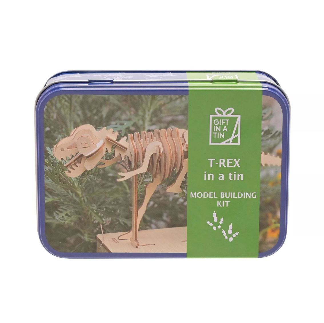 t rex in a tin with branded green stripe