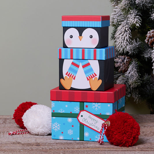 Set of 3 Festive Gift Boxes - Penguin