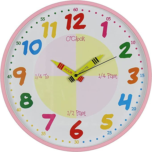 Teach Learn How to Tell Time Teacher Children Read Wall Analog Clock Colourful Glass - 30cm