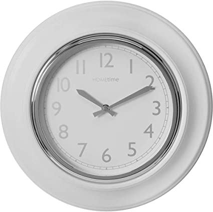 Hometime Round Wall Clock White & Silver Tone Case - 36cm