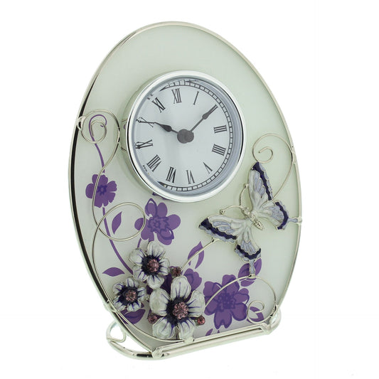 Beautiful 'Juliana,' oval, glass, clock decorated with purple flowers, crystals and a butterfly