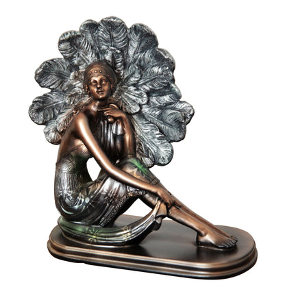 Silhouette Collection Lady Figurine Bronze & Green- Sitting with Peacock Feather- 21 x 20.5 x 9.5cm