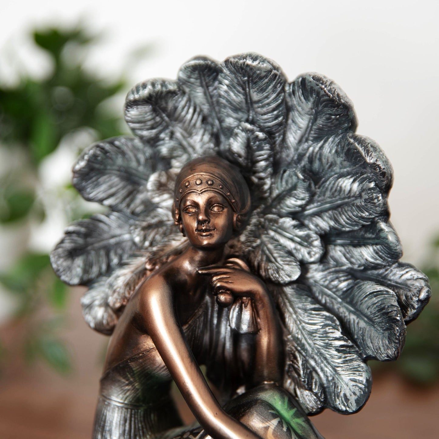 Silhouette Collection Lady Figurine Bronze & Green- Sitting with Peacock Feather- 21 x 20.5 x 9.5cm