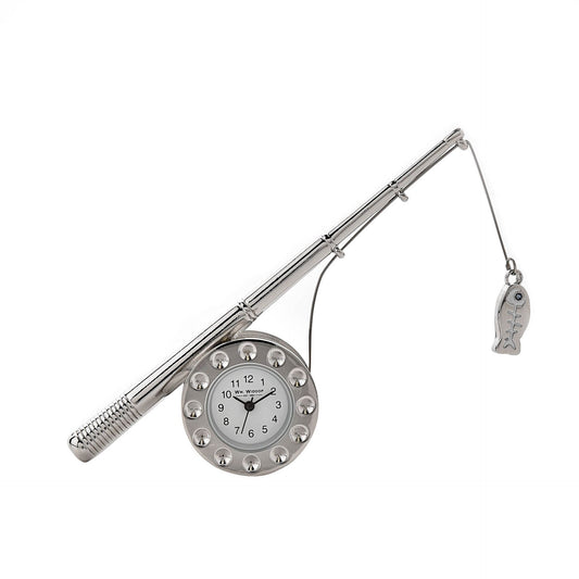 Fishing Rod Clock | Novelty Miniature Clocks | 7.5 x 9 x 3.5 cm | Silver  | 70 Grams