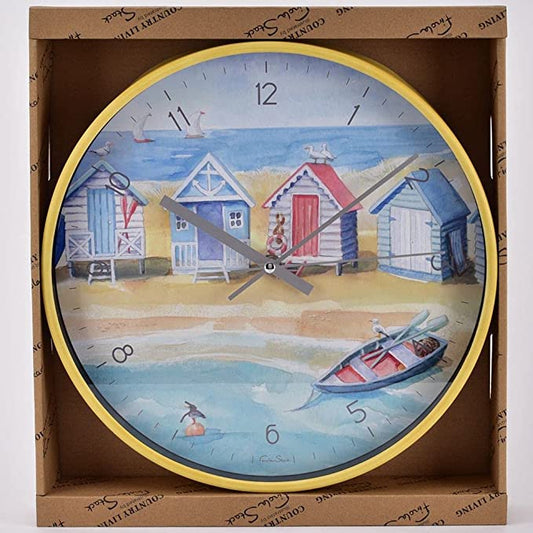 By The Seaside Beach Huts Wall Clock by Finola Stack