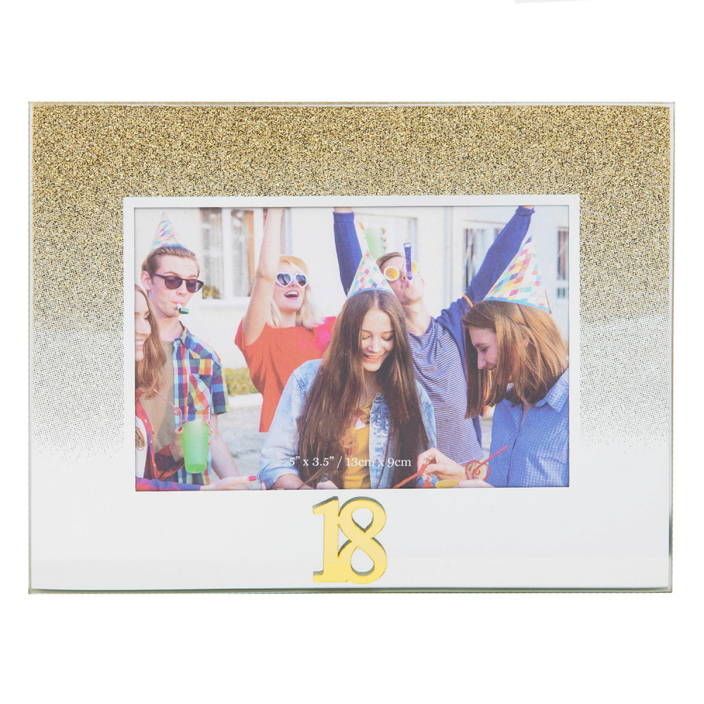 Celebrations 18th Gold Glitter Glass Frames | Standing Strut | Mirror Finish
