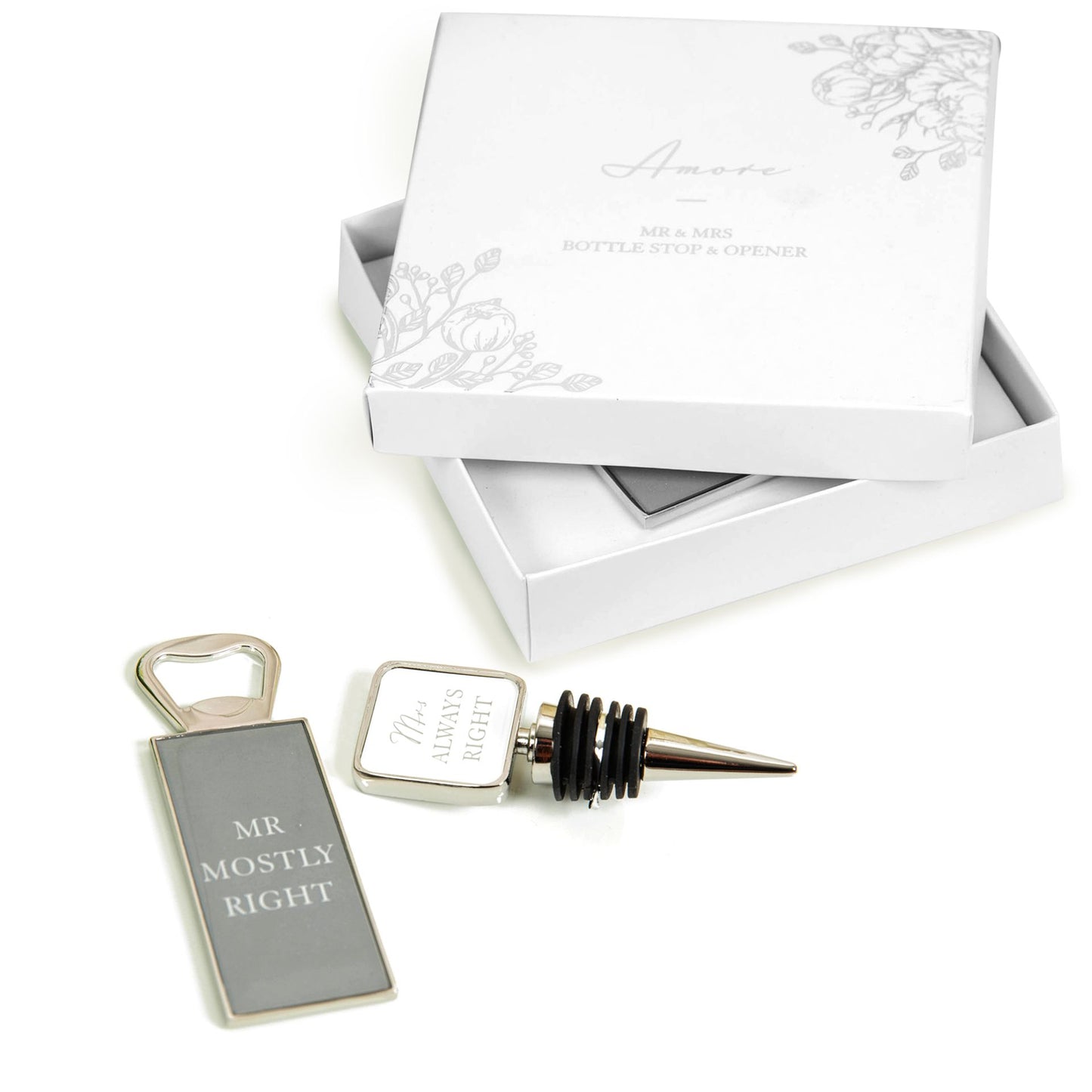 Mr Mostly Right & Mrs Always Right Bottle Opener & Bottlestopper Wedding Set in Gift Box