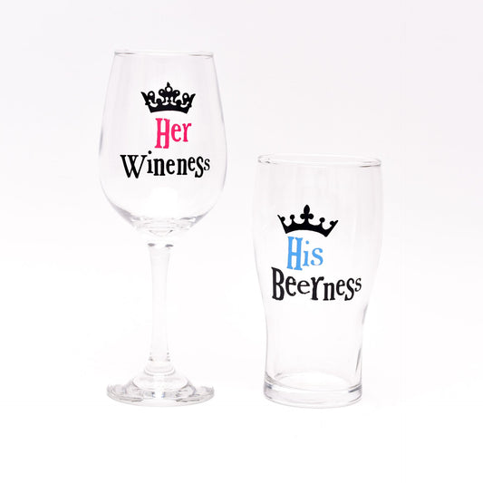 His & Hers Glass Set in Gift Box "Her Wineness" & "His Beerness"
