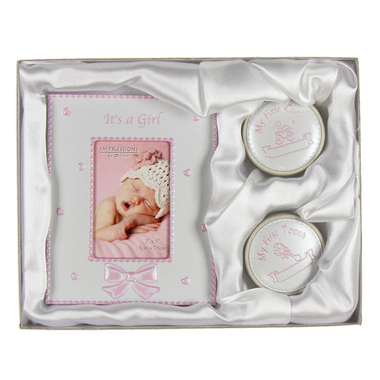 It's A Girl 3x2" Photo Frame & My First Tooth and Curl Frame Christening Gift