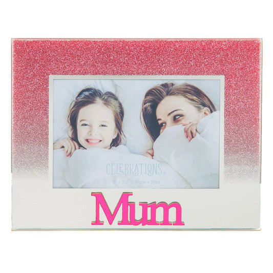 Celebrations Mum Pink Glitter Glass Frames | Standing Strut | Mirror Finish Mum