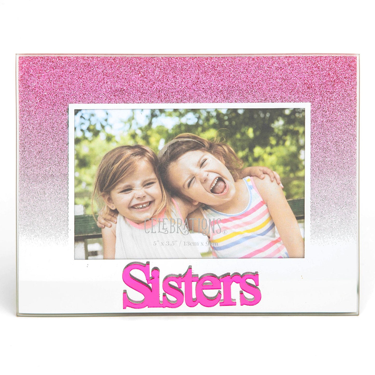Celebrations Sisters Pink Glitter Glass Frames | Standing Strut | Mirror Finish