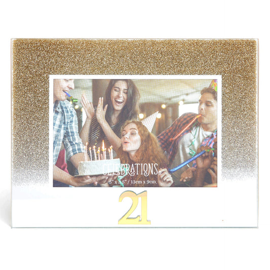 Celebrations 21st Gold Glitter Glass Frames | Standing Strut | Mirror Finish