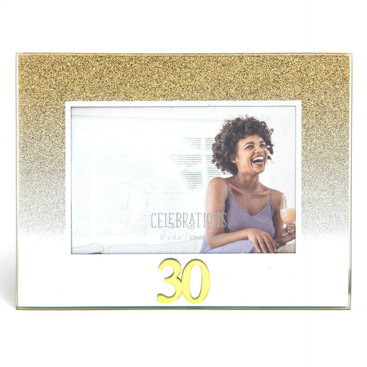 Celebrations 30th Gold Glitter Glass Frames | Standing Strut | Mirror Finish