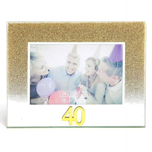 Celebrations 40th Gold Glitter Glass Frames | Standing Strut | Mirror Finish
