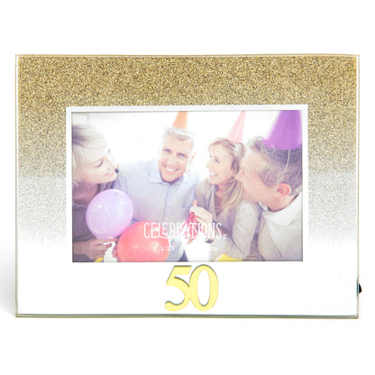Celebrations 50th Gold Glitter Glass Frames | Standing Strut | Mirror Finish