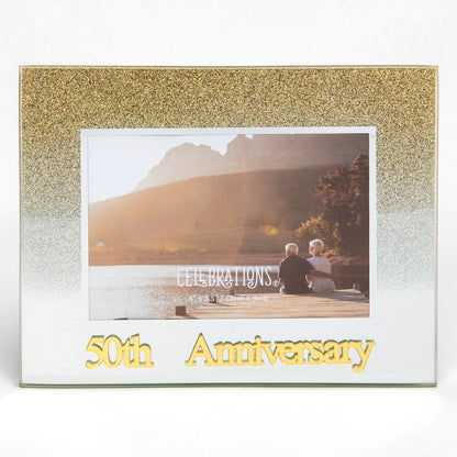 Celebrations 50th Anniversary Gold Glitter Glass Frames | Standing Strut | Mirror Finish