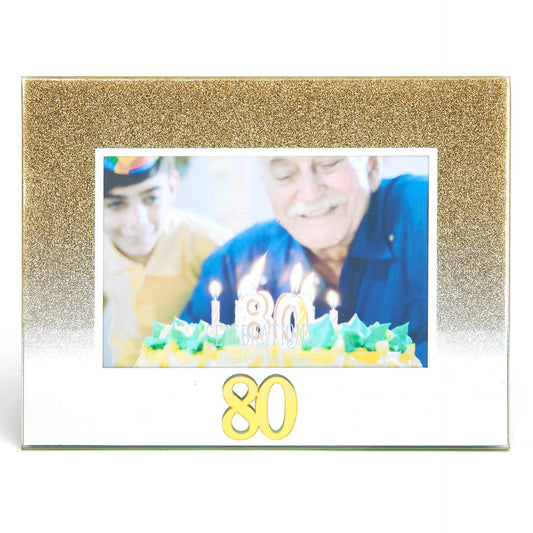 Celebrations 80th Gold Glitter Glass Frames | Standing Strut | Mirror Finish