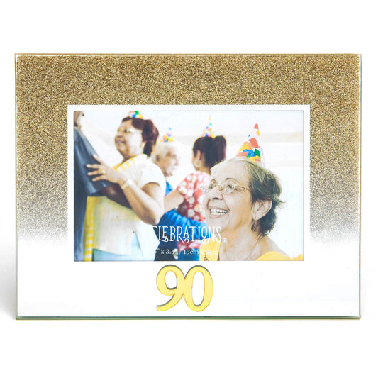 Celebrations 90th Gold Glitter Glass Frames | Standing Strut | Mirror Finish