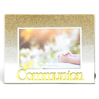 Celebrations Communion Gold Glitter Glass Frames | Standing Strut | Mirror Finish