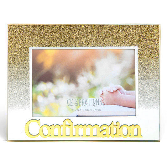 Celebrations Confirmation Gold Glitter Glass Frame | Standing Strut | Mirror Finish